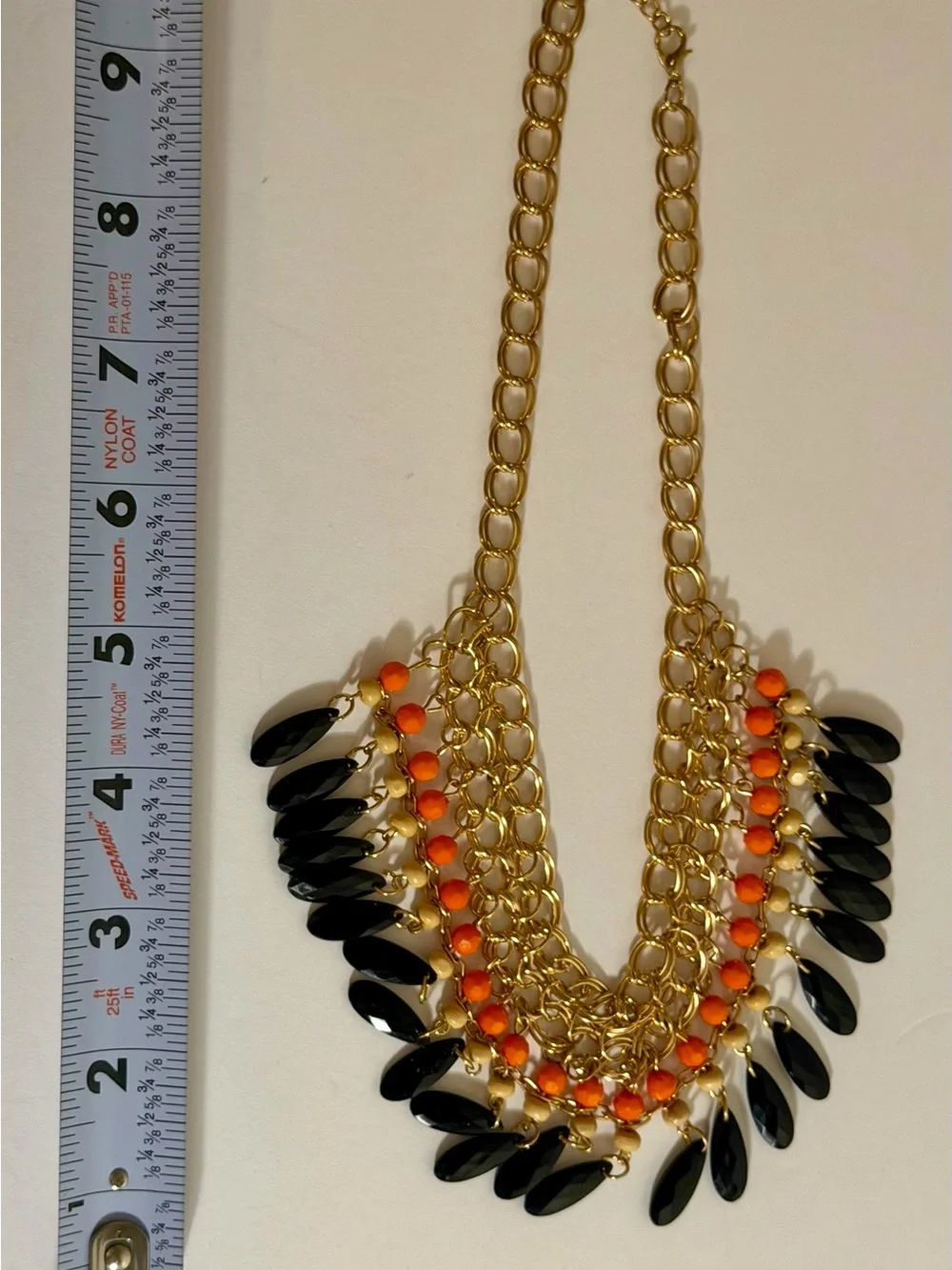 Gold Tone Black Teardrop Orange Beaded Layered Bib Statement Chunky Necklace VG